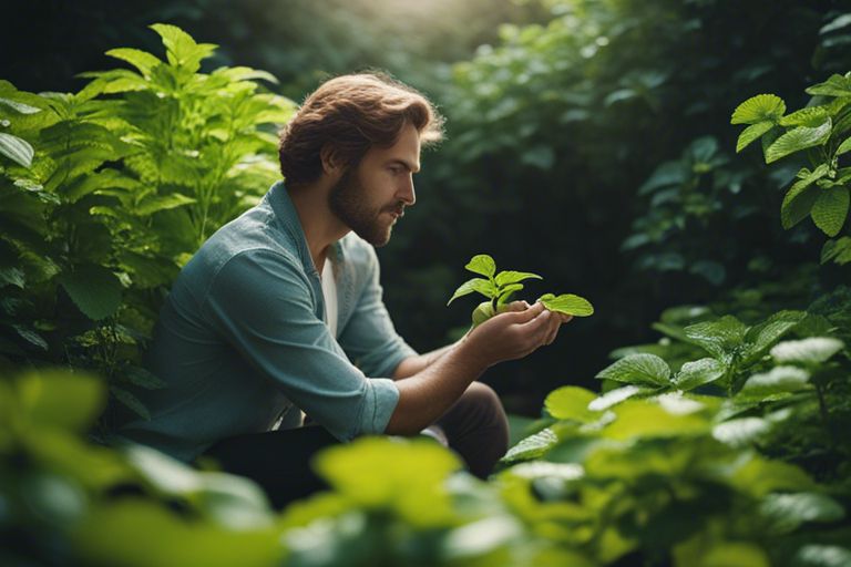 Man sitting in a lush garden with some Lemon Balm in his hands.