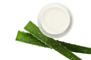 White cream in a jar with two aloe stalks on a white counter.