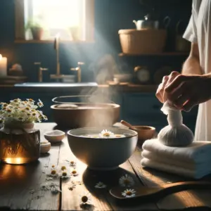 A person preparing a chamomile compress with steam rising from a bowl on a kitchen counter.