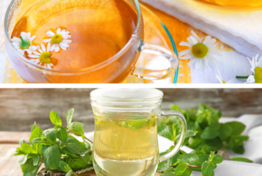 A split image with camomile tea in a clear glass cup on the top, decorated with camomile flowers, and lemon balm tea in a mason jar on the bottom surrounded by fresh lemon balm leaves.