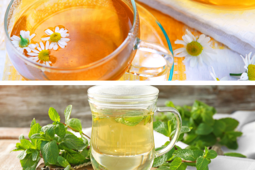 A split image with camomile tea in a clear glass cup on the top, decorated with camomile flowers, and lemon balm tea in a mason jar on the bottom surrounded by fresh lemon balm leaves.