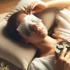 A person reclining with chamomile tea bags on their eyes, holding a cup with chamomile flowers.