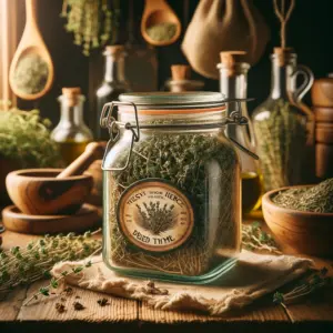 Sealed glass jar on a wooden table, filled with dried thyme, in a rustic kitchen setting.