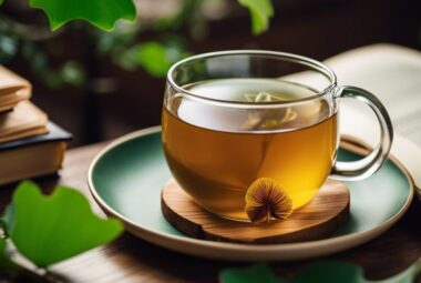 A cup of Ginkgo Biloba tea next to a vibrant Ginkgo leaf on a wooden surface.