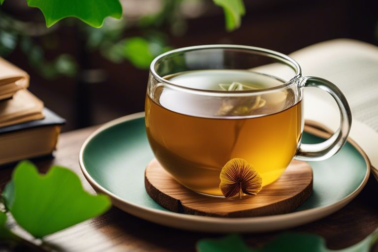 A cup of Ginkgo Biloba tea next to a vibrant Ginkgo leaf on a wooden surface.