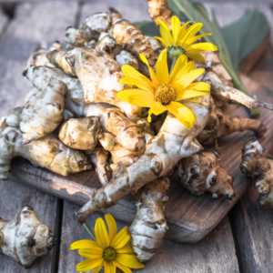 Article: Goldenseal - Nature's Antibiotic For Infections. Pic - A pile of Jerusalem artichokes with yellow flowers on a wooden surface.