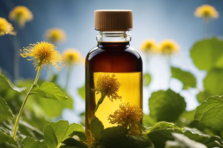 Article: Goldenseal - Nature's Antibiotic For Infections. Pic - goldenseal plant and remedy oil.