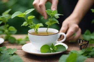 A cup of lemon balm tea in a white china cup on a saucer, placed on a wooden table with a few sprigs of lemon balm in the tea.