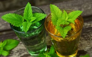 Fresh lemon balm sprigs in a clear glass of water and a golden-colored herbal infusion on a rustic wooden table