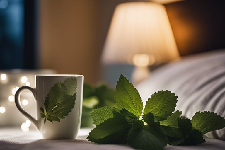 Lemon Balm as a natural sleep aid: "A mug adorned with a lemon balm leaf sits by a nightstand, evoking a serene bedtime atmosphere.