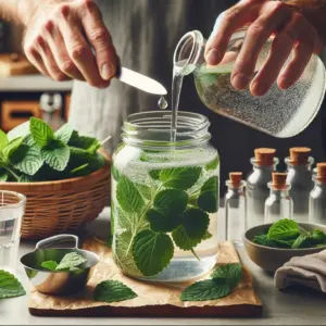 Hands pouring a glycerin and water mixture over fresh lemon balm leaves in a jar to make a non-alcoholic tincture.