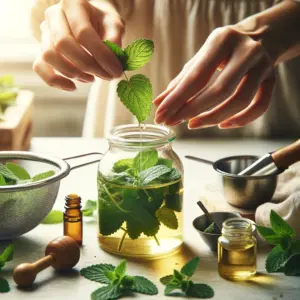 Hands gently placing lemon balm leaves into a jar of oil, crafting homemade lemon balm oil for relaxation.