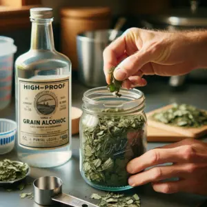 Hands placing dried lemon balm leaves into a jar with high-proof alcohol to create a homemade herbal tincture.