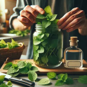 Hands carefully placing fresh lemon balm leaves into a jar for a homemade tincture, with a bottle of alcohol nearby.