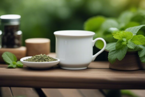 A white cup next to dried lemon balm on a plate, with fresh lemon balm leaves in a pot, set on a wooden table.