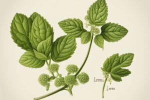 Vintage botanical illustration of lemon balm, showcasing its leaves and clusters of buds, detailing the plant's active compounds.