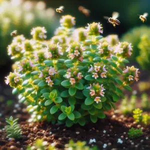 Lemon Thyme plant in bloom with bees pollinating the small pink and white flowers.