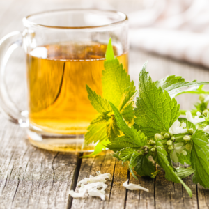 A glass cup of nettle tea on a rustic wooden table, accompanied by fresh nettle leaves and white blossoms.