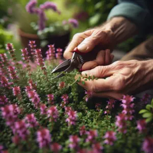 Close-up of hands using pruning shears to harvest purple Creeping Red Thyme.