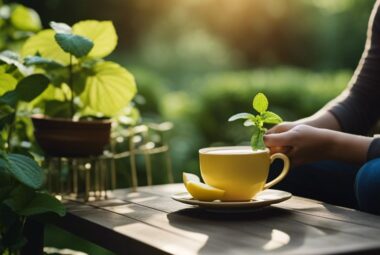 A person enjoys a cup of lemon balm tea in a garden, highlighting the herb's stress-relieving qualities.