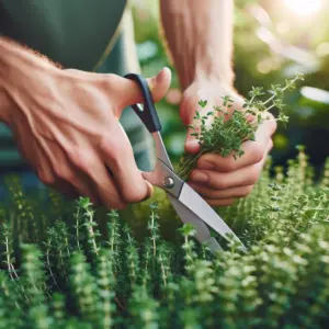 Hands using scissors to harvest fresh thyme from a garden.