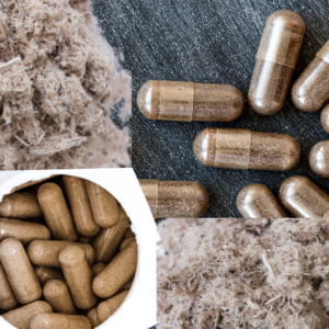 "Close-up of slippery elm bark powder and capsules containing the powder, displayed on a dark surface."