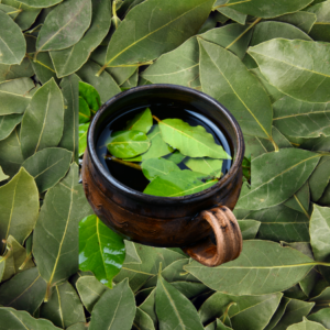 A ceramic cup filled with bay leaf tea surrounded by a bed of bay leaves.