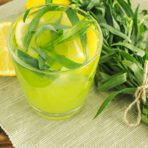 A glass of refreshing lemon and tarragon drink with lemon slices and fresh tarragon leaves, placed next to a bunch of tarragon on a light green cloth.