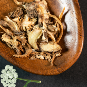 "Close-up of dried herbal roots in a wooden bowl with a small illustration of a white flowering plant in the corner."