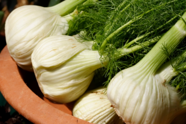 Fresh fennel bulbs with green fronds placed in a terracotta bowl.