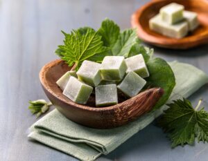 Cubes of homemade horehound green candy in a wooden bowl with fresh leaves beside it.