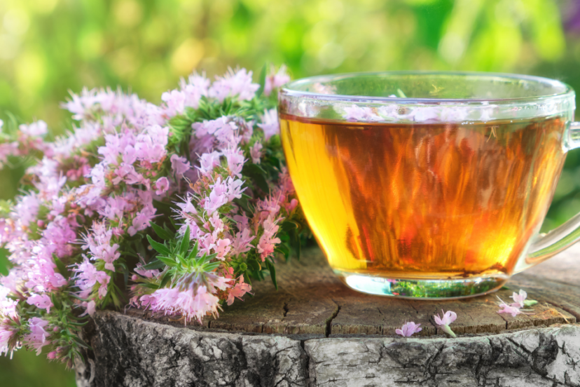 A glass cup of catnip tea placed on a rustic tree stump with blooming catnip flowers nearby, set against a vibrant outdoor background.