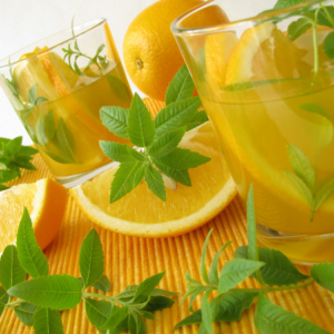  Refreshing lemon verbena and orange infused water in glasses, garnished with fresh lemon verbena leaves and surrounded by orange slices.