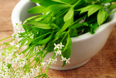 Fresh woodruff leaves and white flowers in a white mortar on a wooden table.