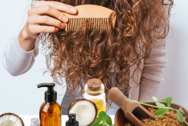 Article: Dried Fenugreel leaves and Fenugreek Oil. Pic - "Natural hair care featuring fenugreek seeds, essential oils, and coconut oil for healthy, shiny curls.